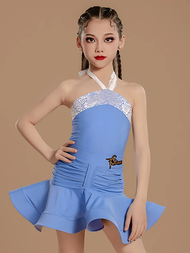 

Cha-cha dance Lace Halter Backless Bodysuit Arm Hugging Pleated with Fishbone Skirt Latin Dance stume Dancewear Ballroom Suits