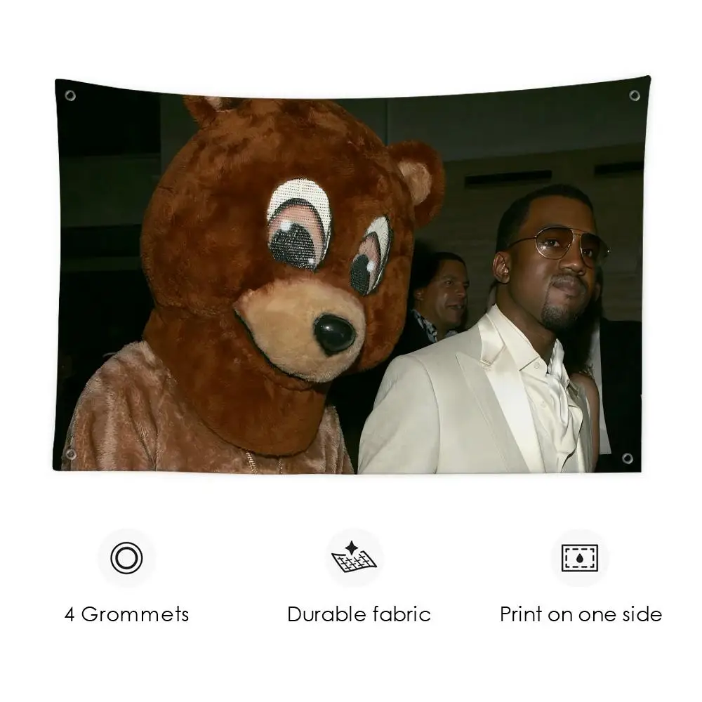 K-Kanye Bear music cover Rapper Flags Custom Wall Hanging Background Art Banner for Bedroom Home Living Room Outdoor Decor