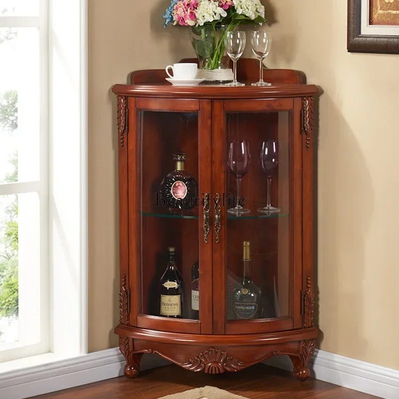 

56American-Style Solid Wood Triangle Storage Rack Corner Cabinet Glass Door Living Room Storage Corner Cabinet