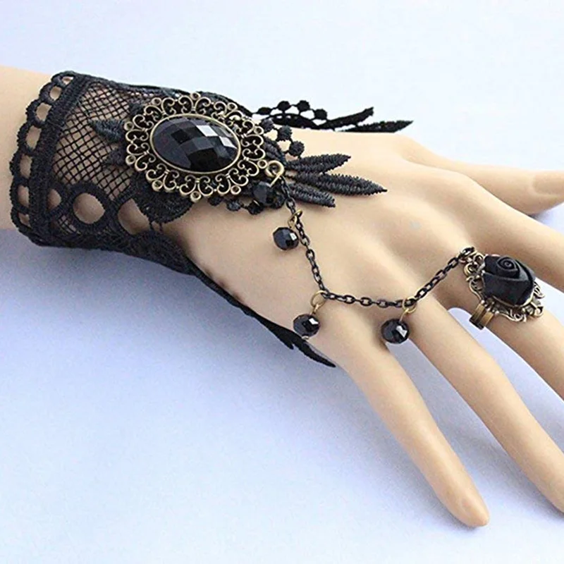 1PC Fashion Women Bangle Black Rose Lace Flower Drop Bracelet Lolita Gothic Ball Retro Bridal Accessories