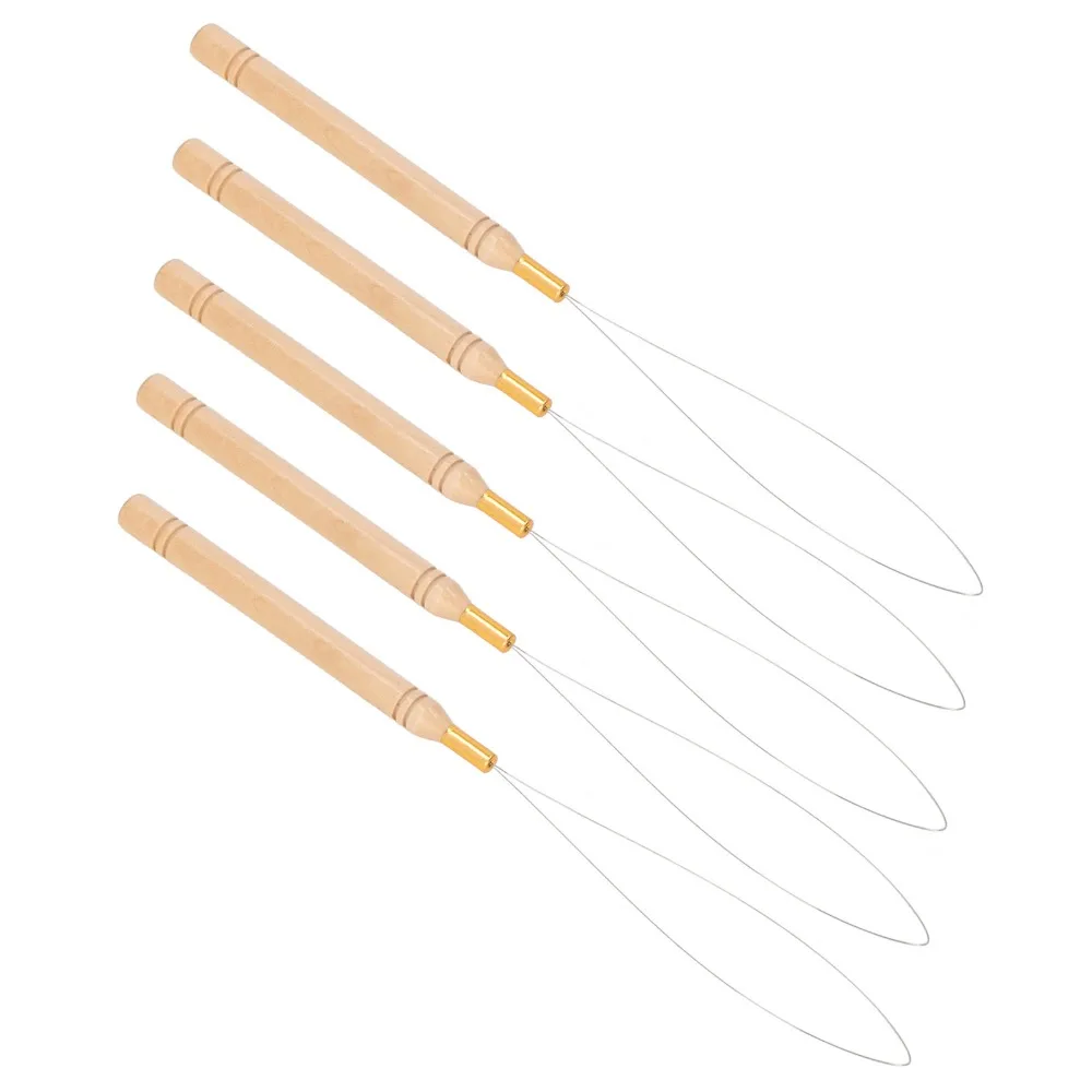 10Pcs Anti-Slip Handle Hair Extension Loop Needle Beech Wood Handle Wire Loop Design Pulling Hook Tool Micro Ring Threader