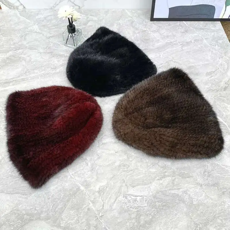 Mink Fur Hat Double Sided Knitted Elastic Hat For Women Winter Real Fur Cap Fashion Thick Furry Female Cap Women Black Fur Caps