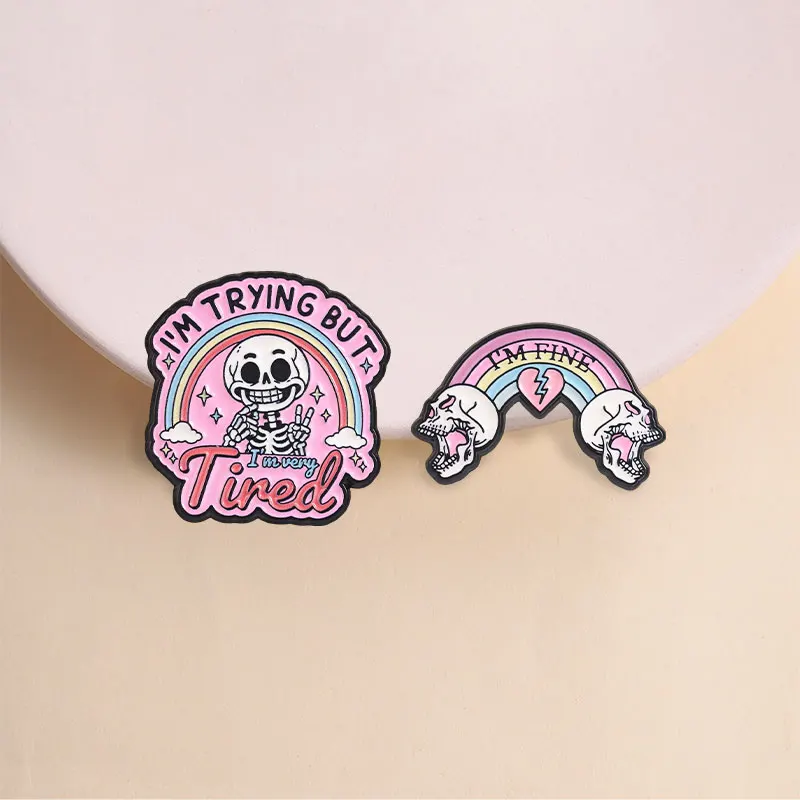 Goth Rainbow Skeleton Enamel Badge I'm Trying But I'm Very Tired Halloween Spooky Skull Pins Mental Health Brooches Jewelry Gift