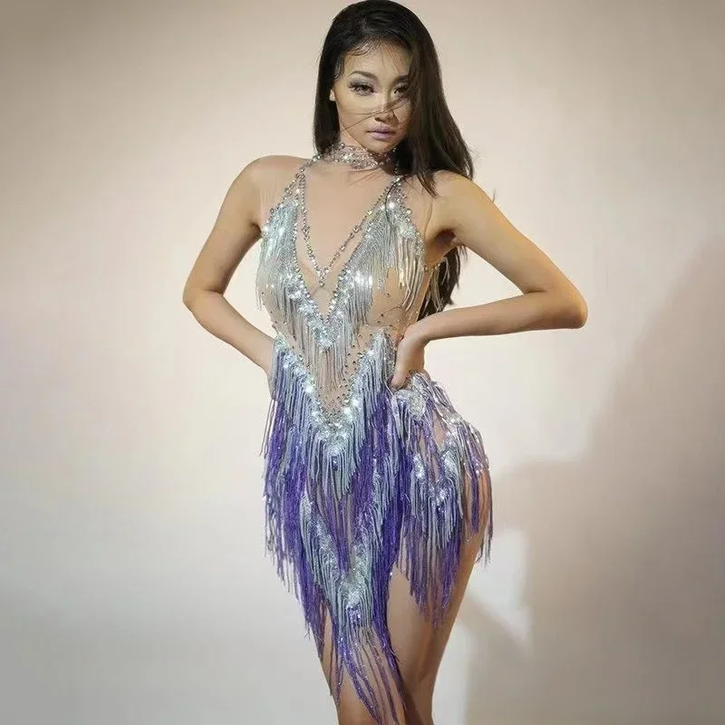 

New Tassel Gold Purple Sequin Dress Sexy Jazz Latin Dance Performance Outfit Nightclub Bar Singer Party Prom Stage Rave Costume