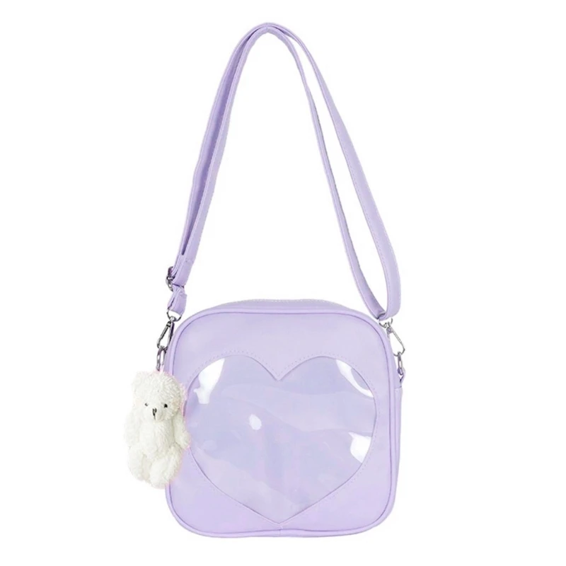 E74B PU Square Messenger Bags Casual Clear Heart Shaped Shoulder Bag Women School Bags PU Leather Purse Ita Bag