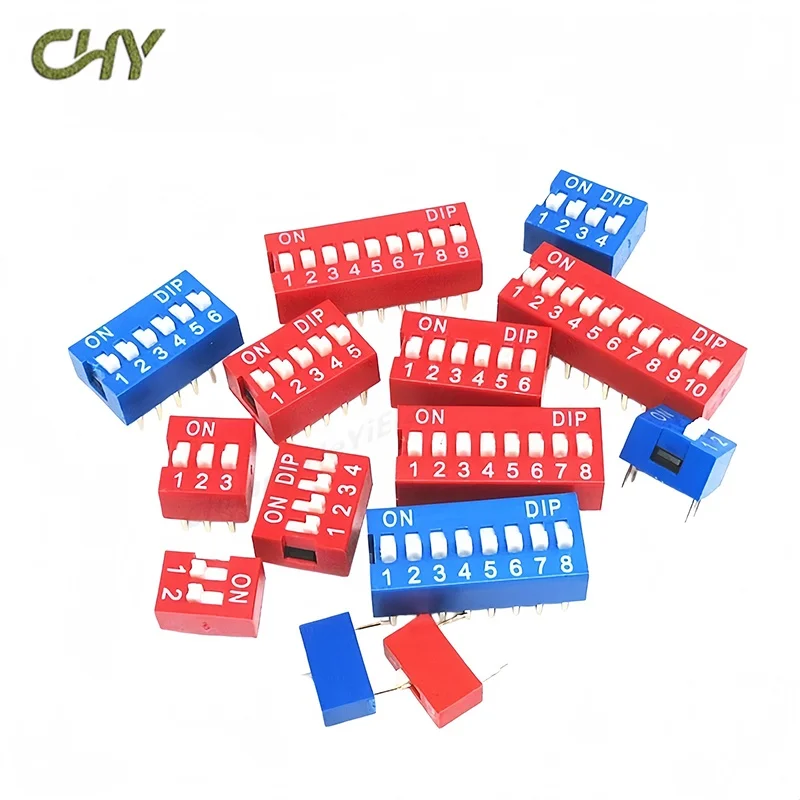 10Pcs DIP Switch 2.54mm Pitch Red Blue Slide Toggle Dial Code Switch 1 2 3 4 5 6 7 8 9 10 12PIN Straight Pin PCB Coding Switch