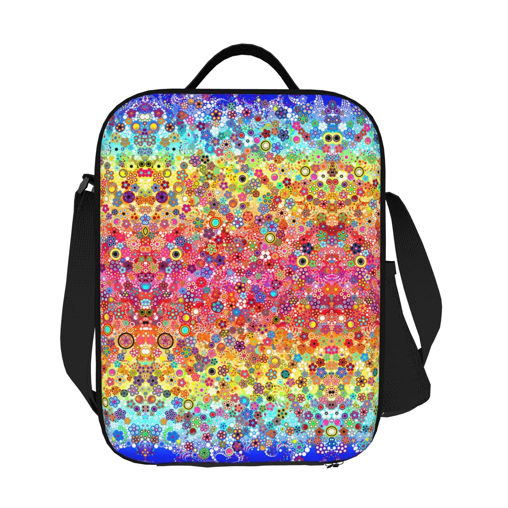 Colorful Flowers Print Portable Lunch Bag 600D Oxford Fabric Insulated for Work Picnic Beach