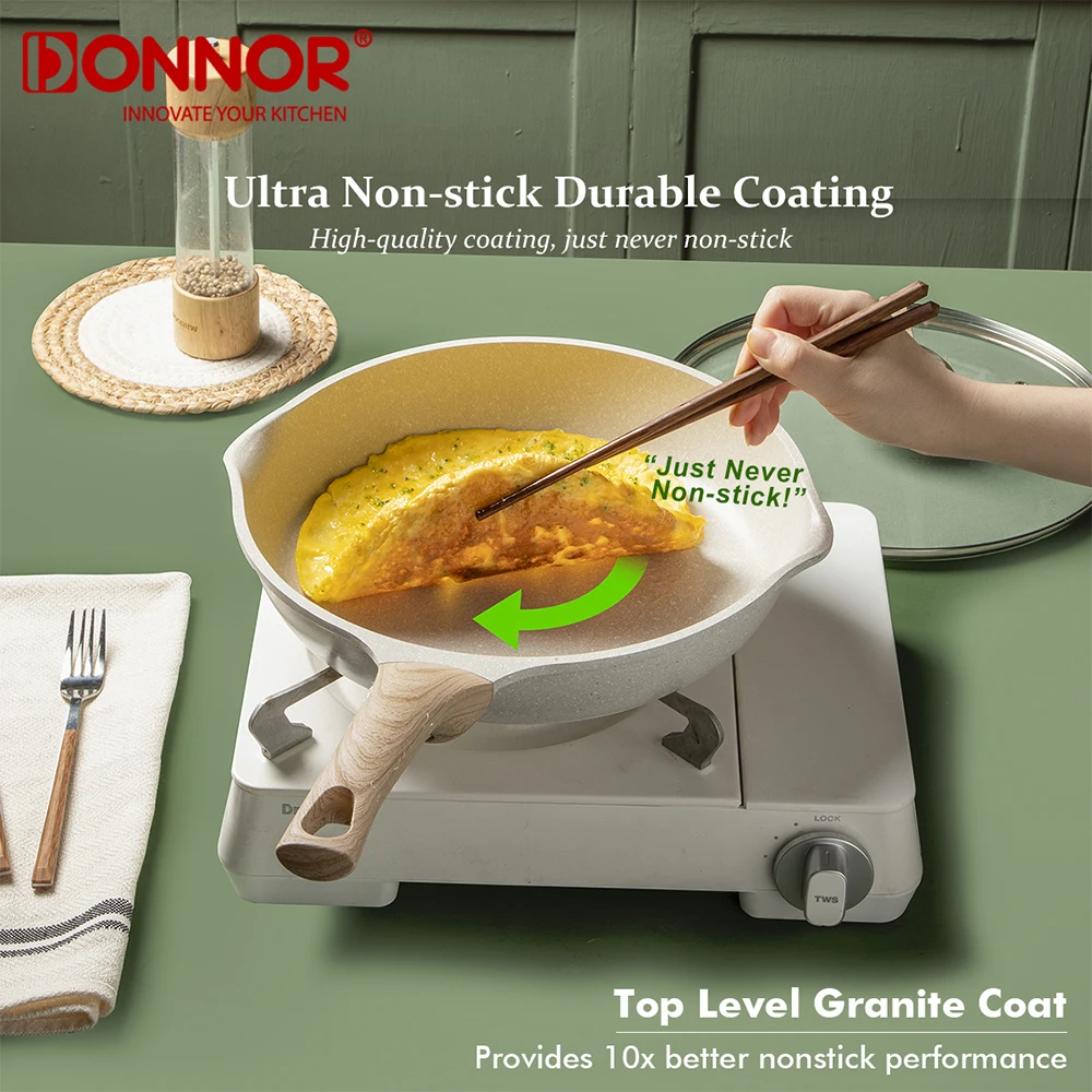 DONNOR Frying Pan With Lid Nonstick  Induction Cooking Skillet Granite Egg Pan Omelet Pans with Heat-Resistant Handle JT280