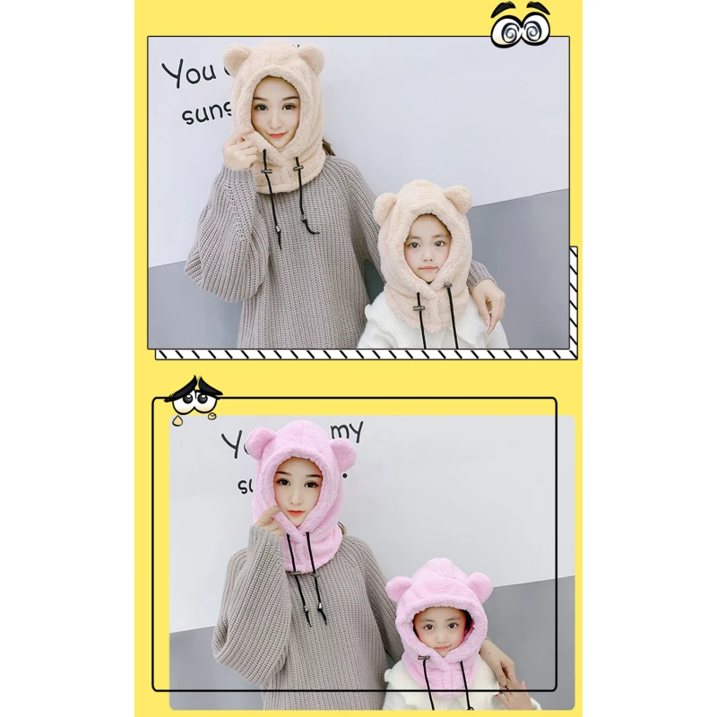 Scarf Hat for Children Adult In One Plush Thickening Winter Warm Parent-Child Cartoon Windproof Ear Protection Girls Boys Cap