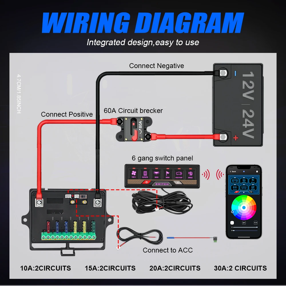 6Gang Wireless Switch Panel APP Control Switch Panels Universal Circuit Control Relay System Box for Car Pickup Truck UTV Boat