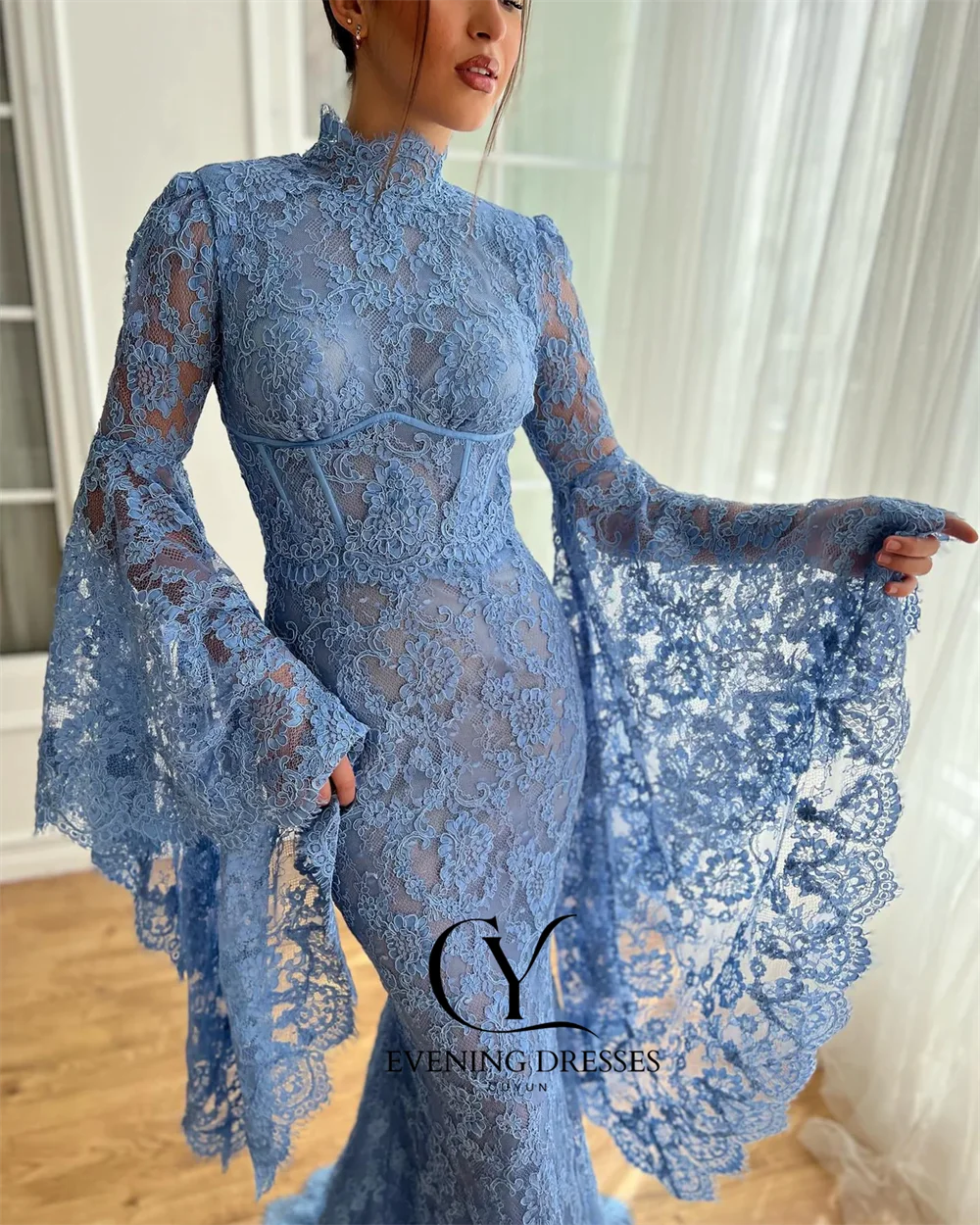 CUYUN Customized Dubai Blue Lace Mermaid Evening Dress with High Neck Flare Sleeve for Woman Formal Event Wedding Prom Gown