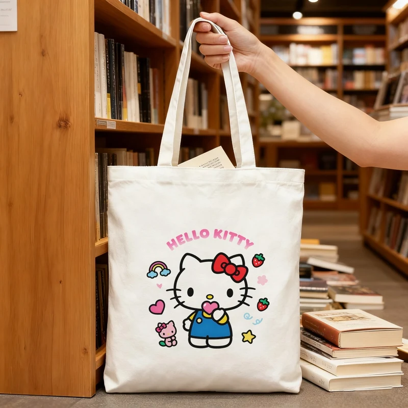 

Сумка через плечо Hello Kitty, многоразовая сумка для покупок большой вместимости, холщовая сумка с мультяшным принтом Kuromi