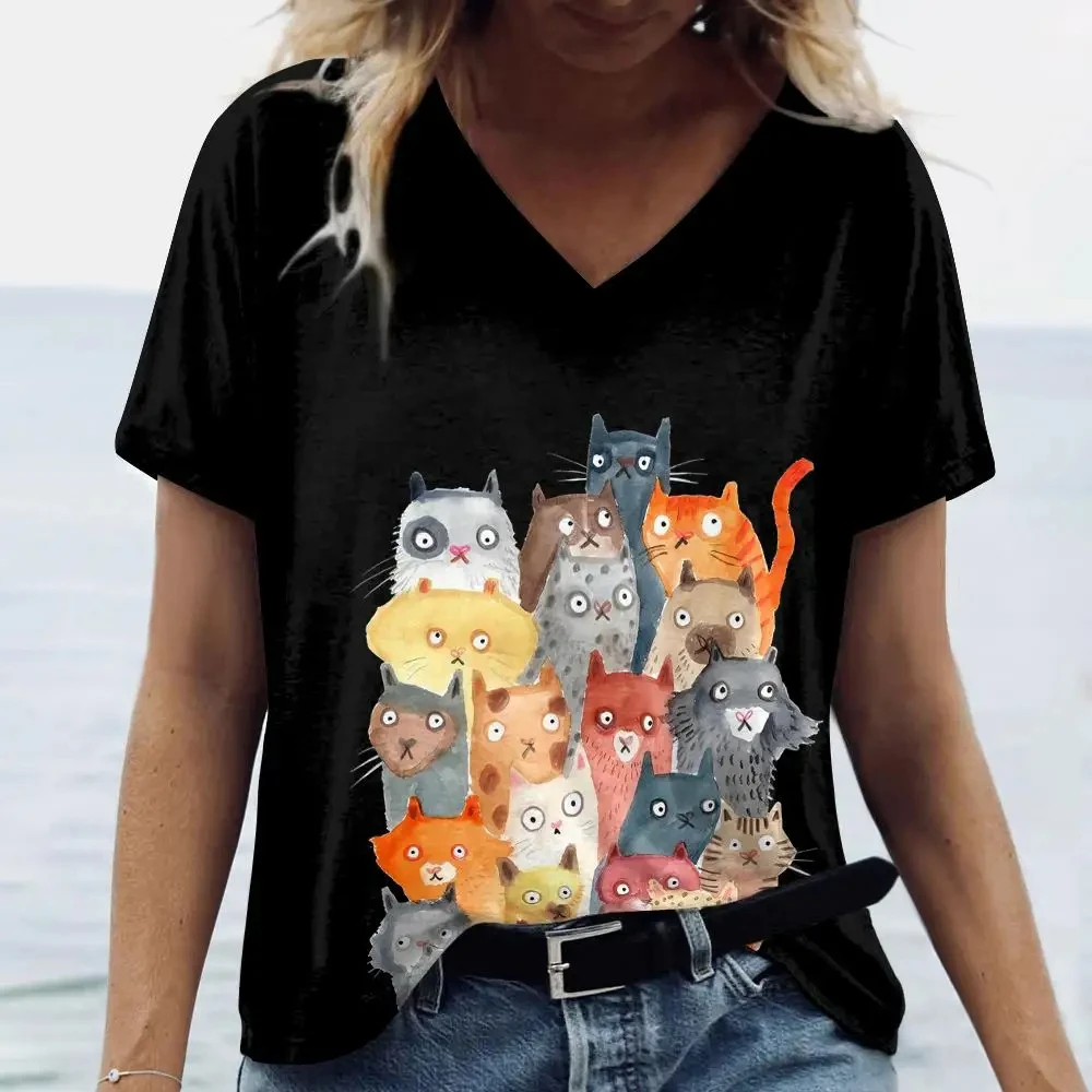 

Summer Hot Selling 2025 New Retro Abstract Print Retro Cartoon Cat Print T-shirt Quick Drying and Breathable Women T-shirt