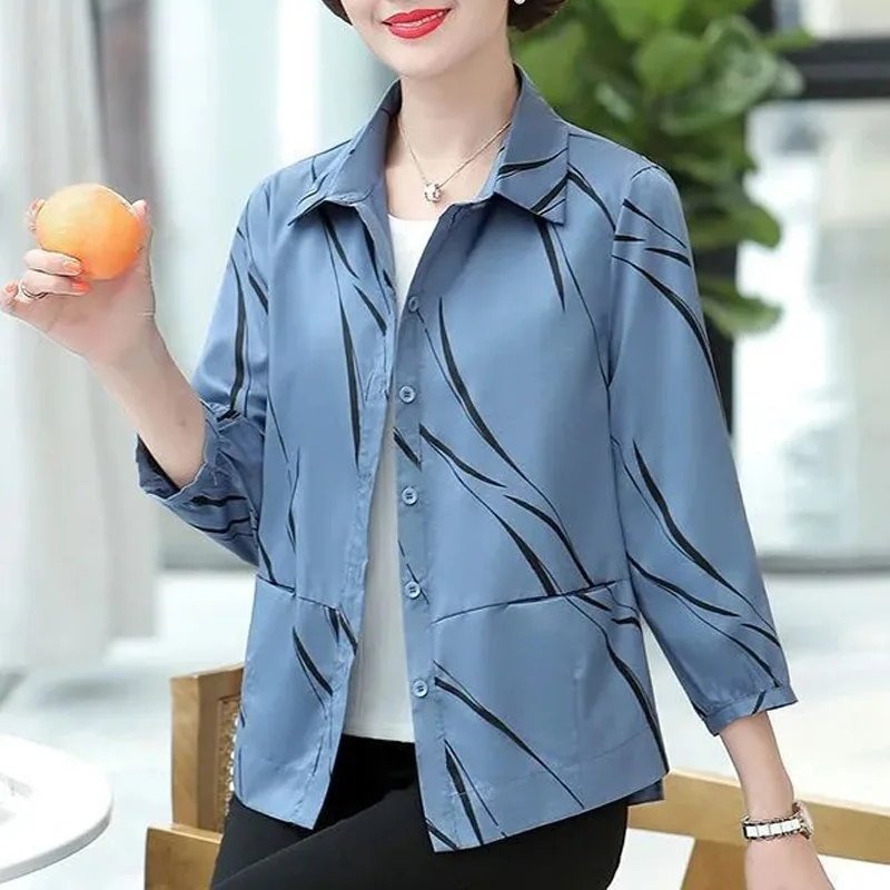 2023 Spring and Autumn Korean Edition Fashion Casual Loose Simple Polo Print Three Quarter Oversize Versatile Women Jacket Coat