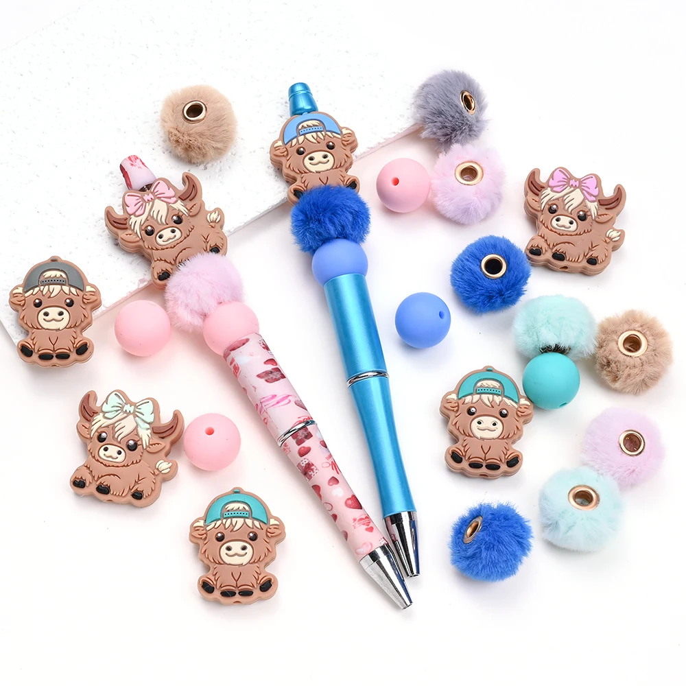 8/63Pcs Colorful Silicone Animal Cattle Plush Beads Set Teether Care Chew Beads For Baby Pacifier Chain DIY Bracelet Necklace