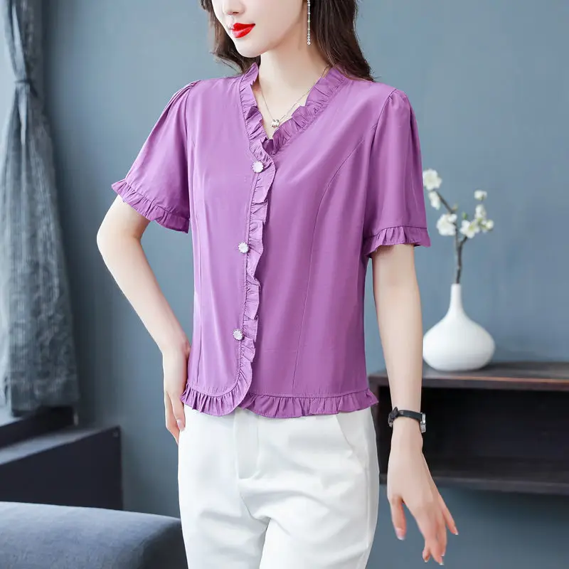 Elegant V-Neck Solid Color Chiffon Ruffles Shirt 2022 Summer Button Casual Tops Oversized Loose Women\'s Clothing Commute Shirt