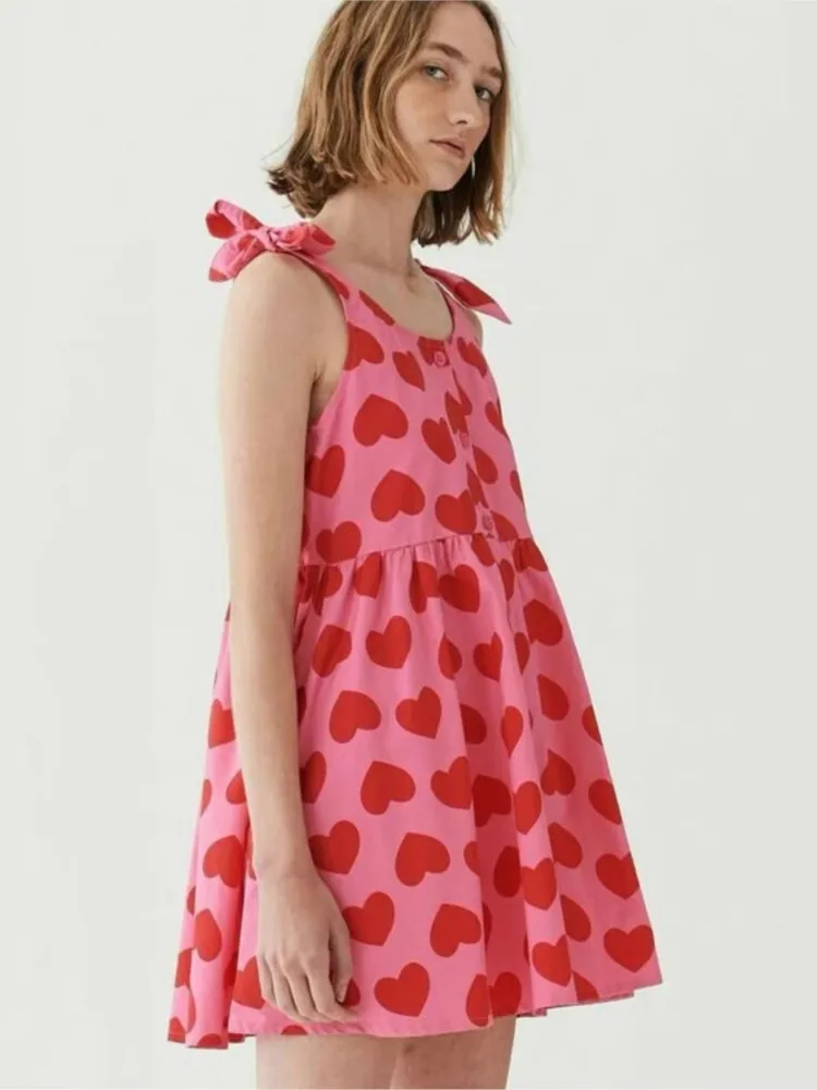 

Summer New Heart Shaped Princess Mini Dress Fashion Elegant Fresh And Sweet Butterfly Sleeveless Round Neck Pink Button Vestidos
