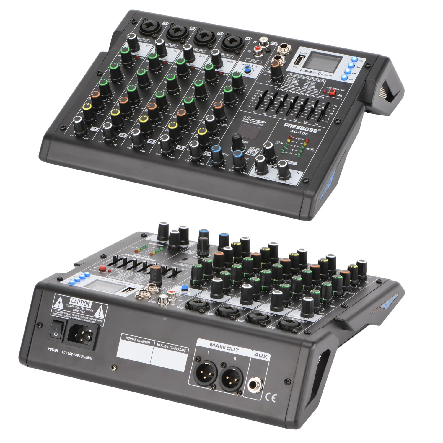 FREEBOSS 4 Channel Sound Audio Mixer Bluetooth 99 DSP Effects Mixing Console USB Play Record 7-band EQ 48V Phantom Power AG-TD4