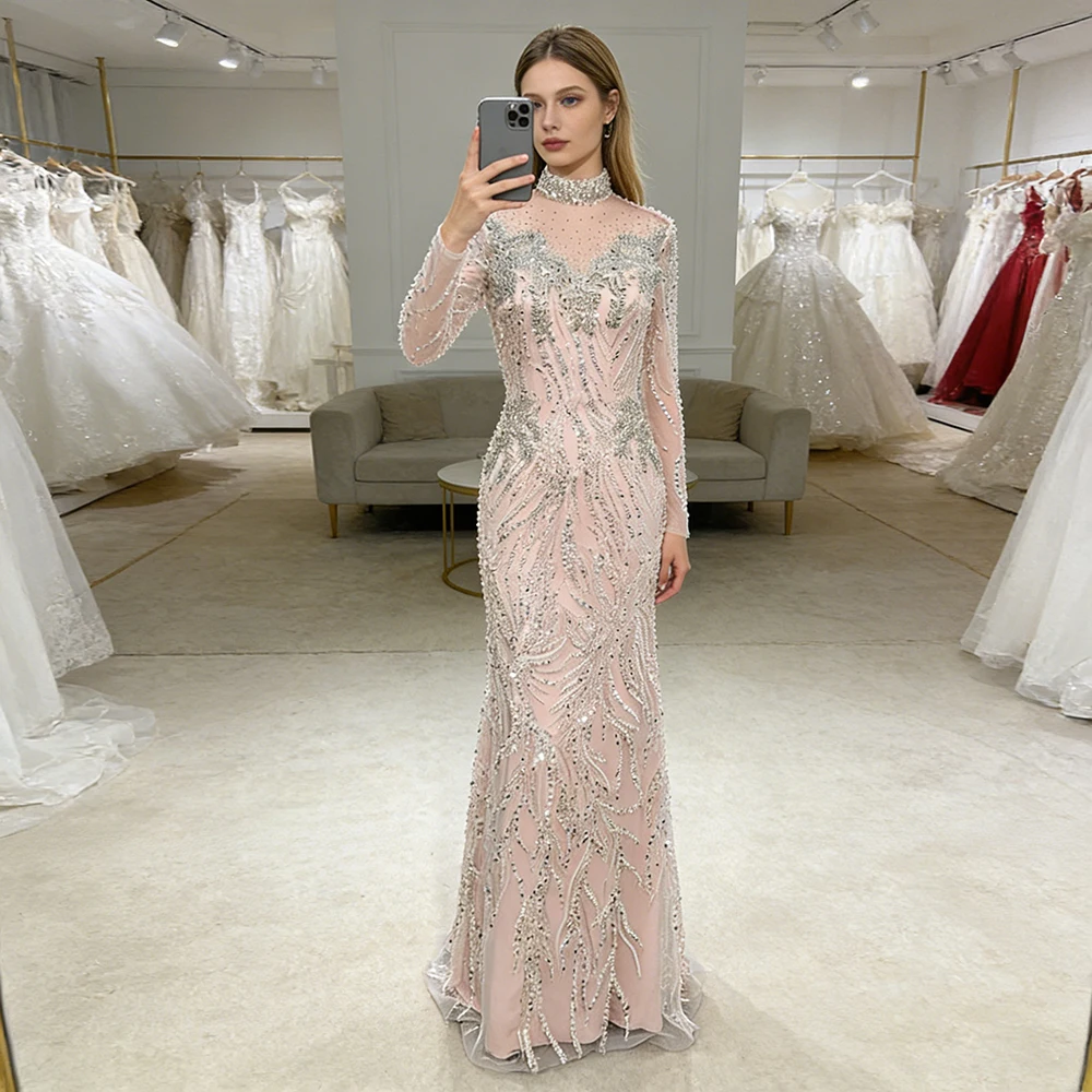 Elegant Muslim Bead Evening Dress for Women 2026 Luxury High Neck Long Sleeves Mermaid Formal Prom Wedding Party Gown Customized image 3