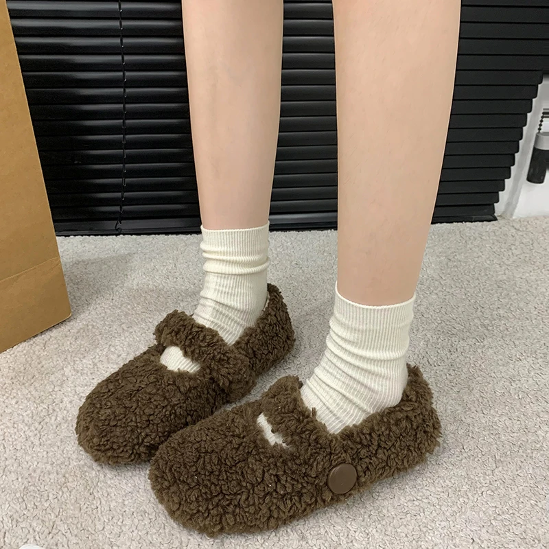 

Plush Warm Flat Shoes Autumn and Winter New Round Toe One Strap Soft Sole Non-slip Cotton Shoes