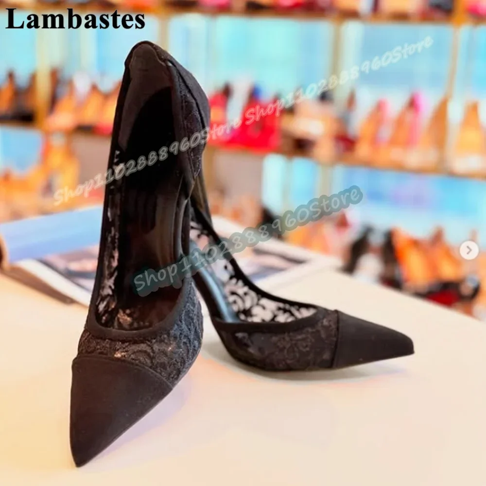 الجانب فارغة الأسود الدانتيل الربط مضخات الضحلة رقيقة أحذية عالية الكعب للنساء الانزلاق على أشار تو مثير عادية أنيقة النساء مضخات