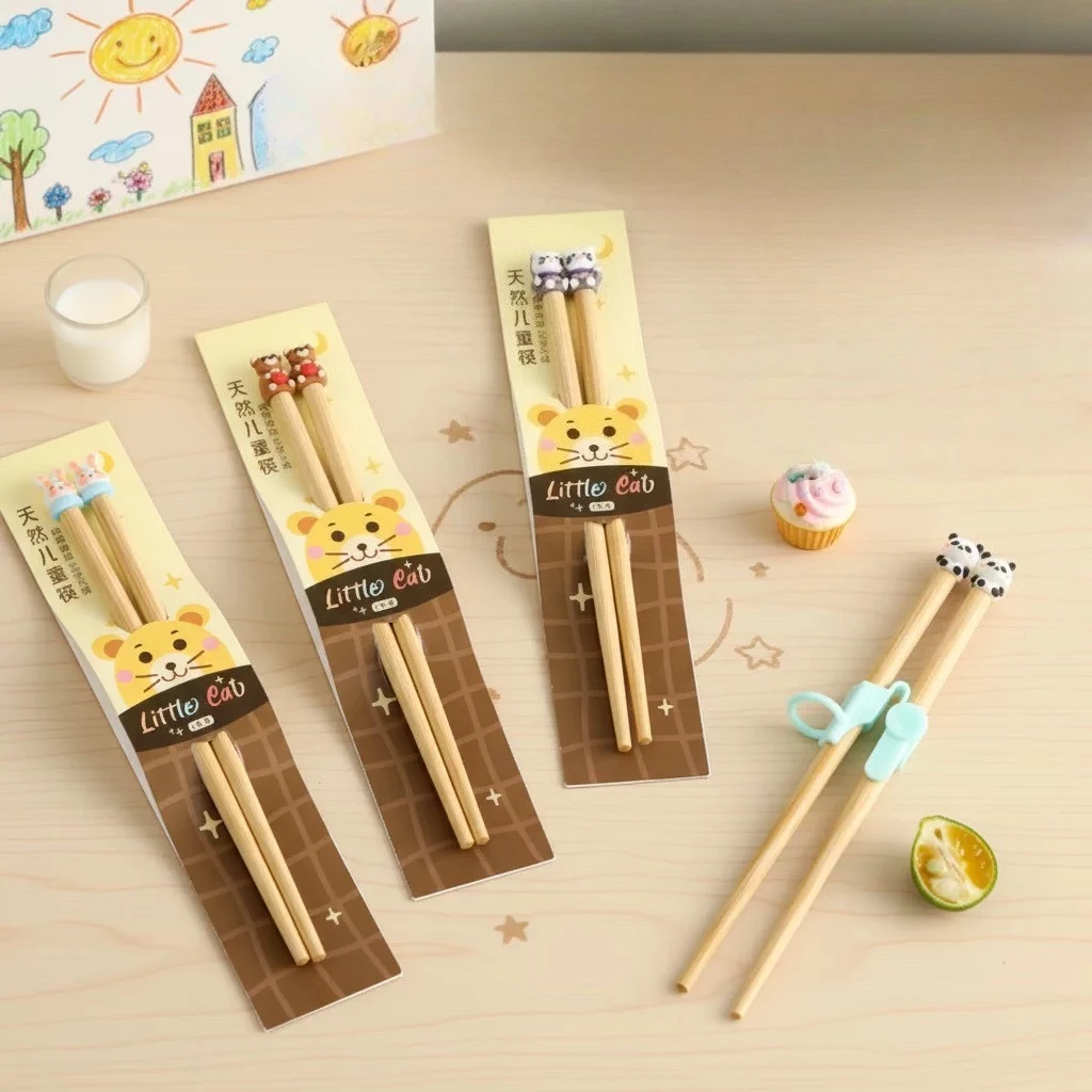 Baguettes en bois pour enfants, baguettes d'entraînement de dessin animé mignon pour enfants de 6 à 12 ans, baguettes naturelles