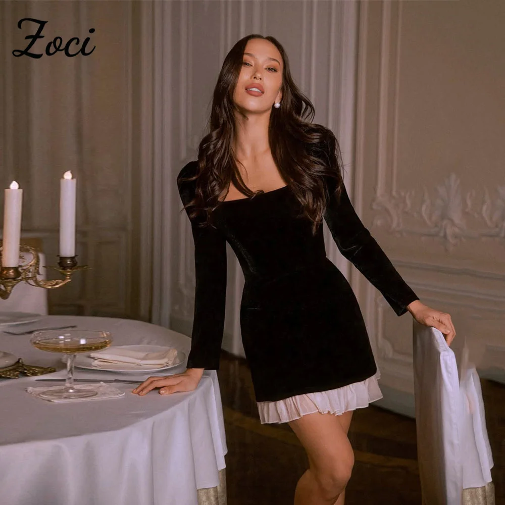 

Zoci Elegant Square Neck Short Prom Dresses Long Sleeves Velvet Evening Party Dress Customized Saudi Arabic Mini Cocktail Gown