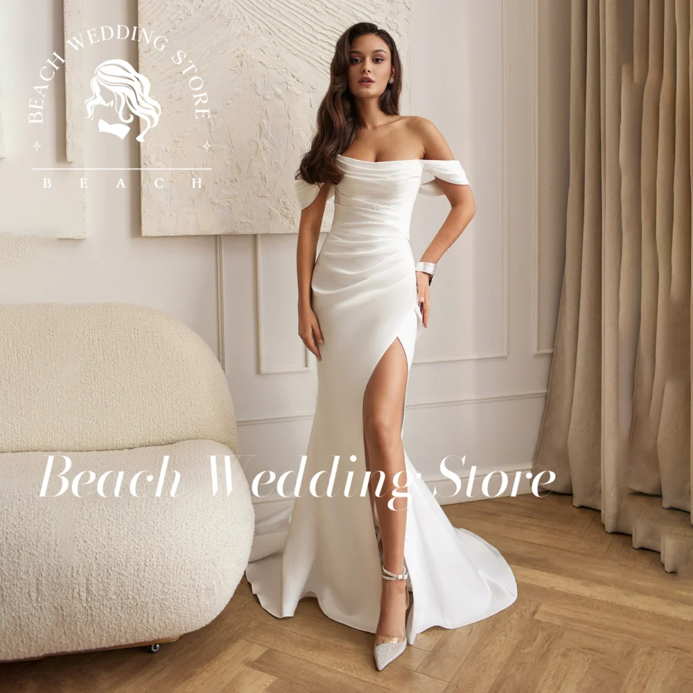 Strand weg von der Schulter trägerlos rückenfrei einfache moderne Brautkleider mit Hifh-Schlitz bodenlangen Vestidos De Novia individuell gestaltet