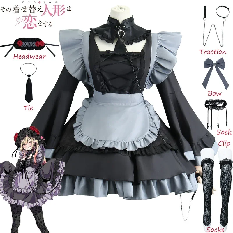 Cosplay de empregada preta para mulheres, Kitagawa Marin Conjunto completo, roupas minhas, querida, festa de Natal, uniforme de dramatização