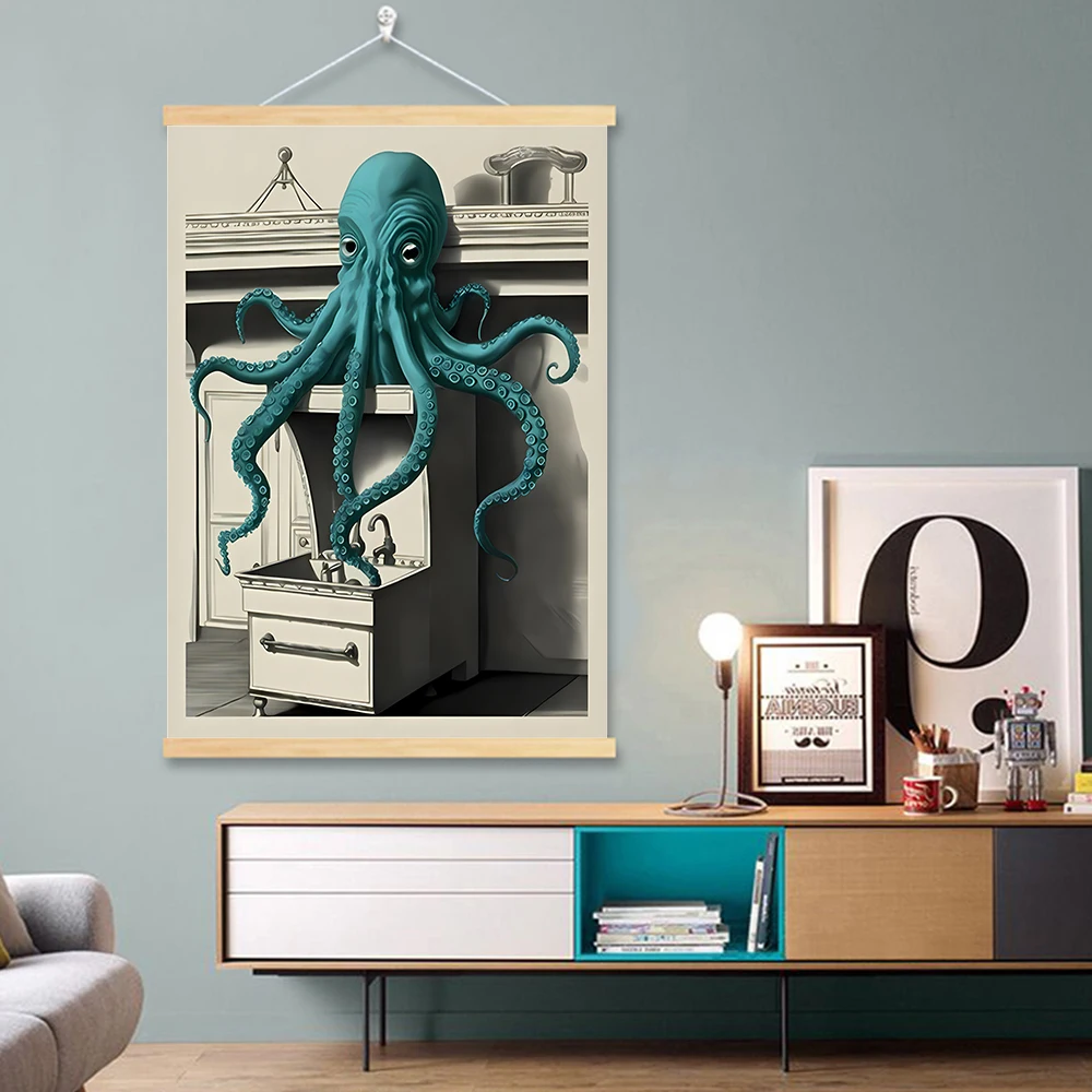 Wood Hanging Scroll Painting Vintage Octopus Bathroom Decor, Nautical Octopus Wall Art Sea Monster Artwork Eid Al-Adha Mubarak