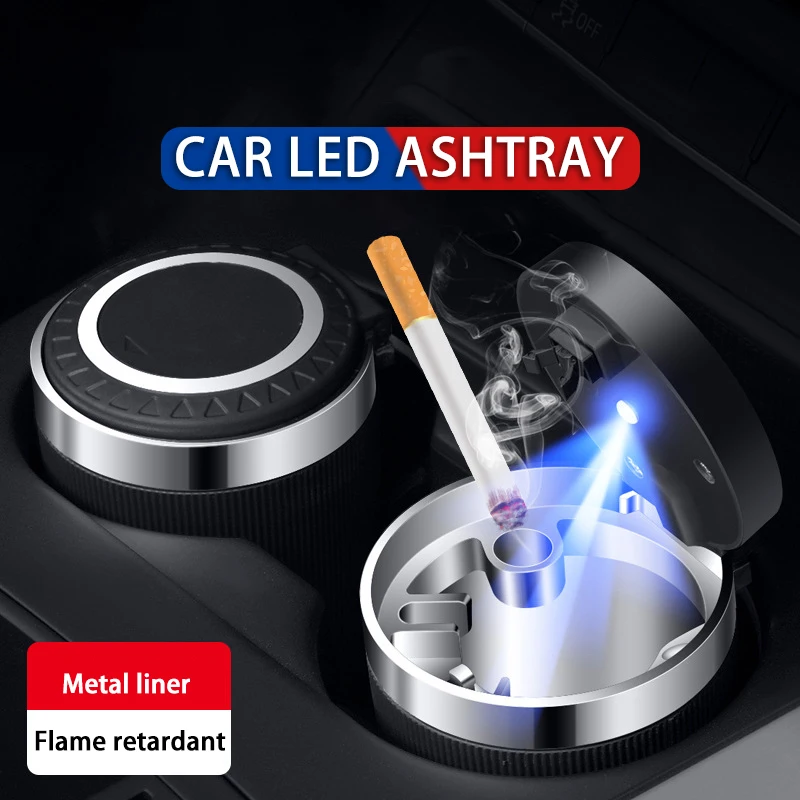 Car Ashtray with Lid Smell Proof Stainless Steel Blue Led Portable Ashtray Cup for Auto Fireproof Shell One Touch Open