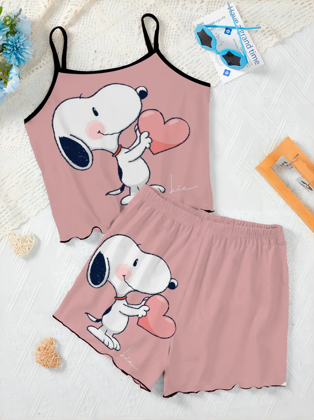 Disney Two Piece Set Elegant Women's Sets Home Dress T-shirt Top Lettuce Trim Snoopy Pieces Short Suit Bottom Disney Slip Dress