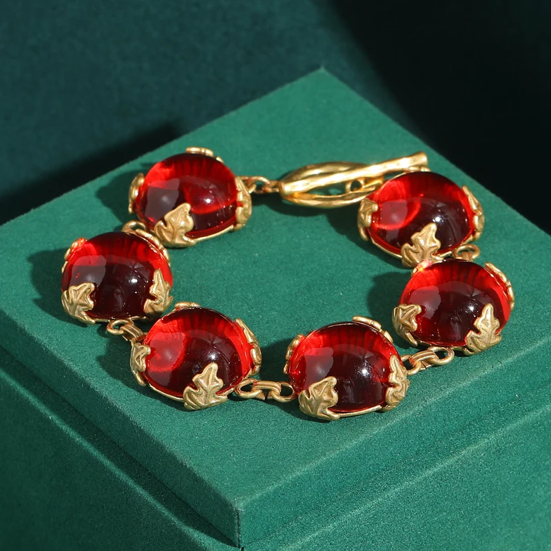 Vintage Round Red Glass Bracelets for Women Transparent Candy Charm Gold Color Leaf Antique Jewelry Gift Girls New Arrival