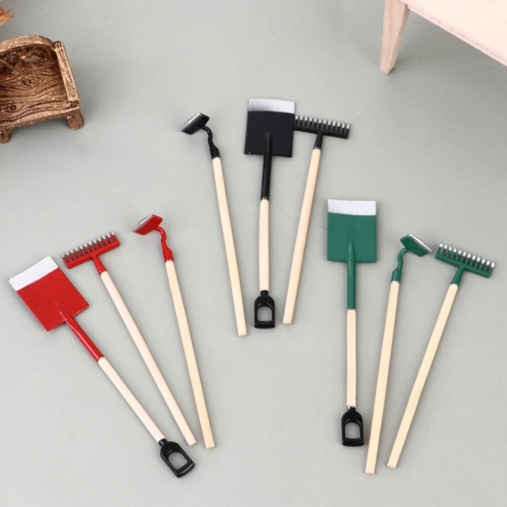 3Pcs 1:12 Dollhouse Dollhouse Miniatures Gardening Shovel DIY Green/black/red Dollhouse Mini Shovel Rake Mini Vintage