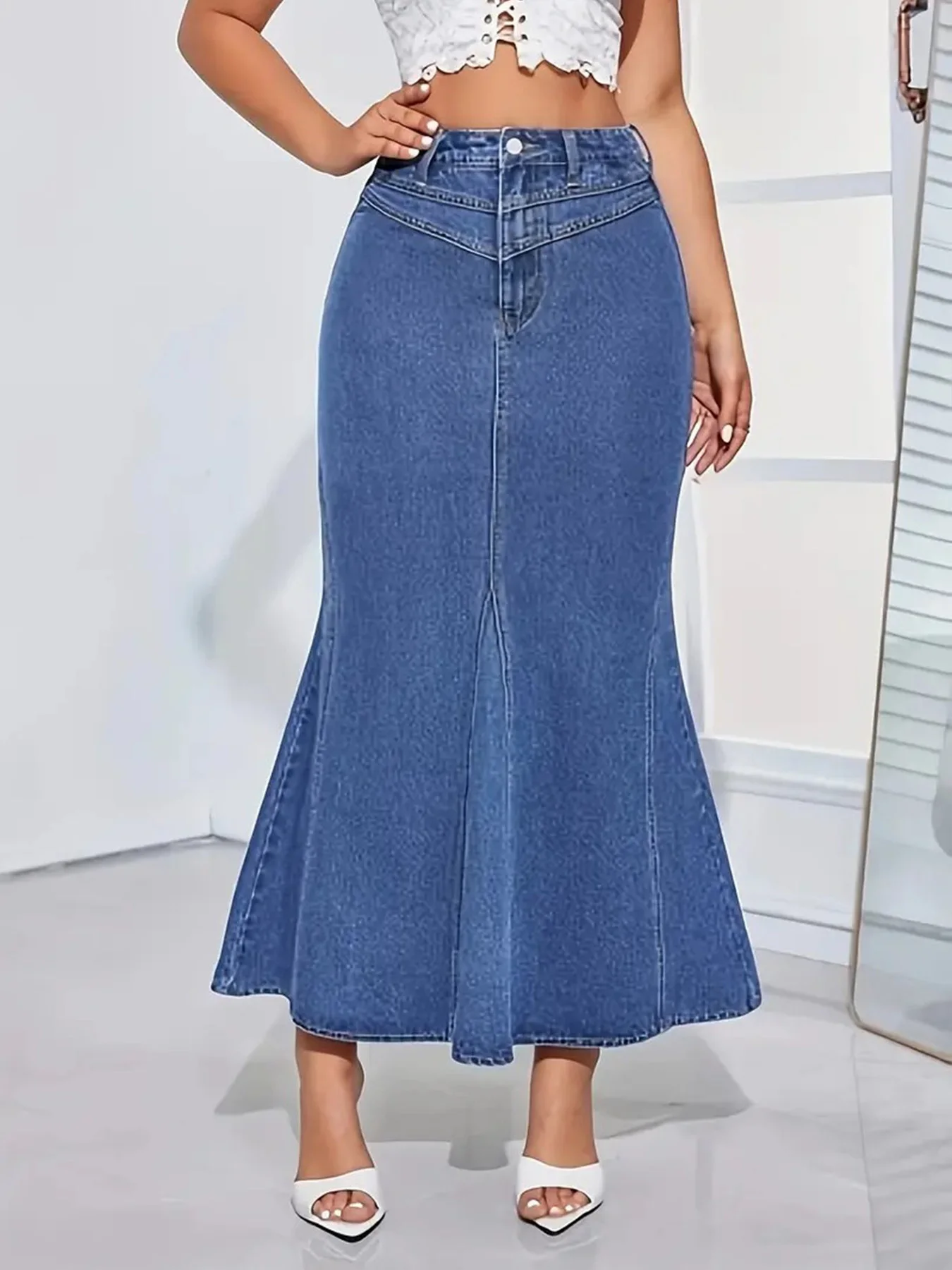 Ladies Retro Fashion Denim Fishtail Skirt, Slim Fit, Mid-Waist, Elastic, Stylish Denim Half Skirt - Image 5