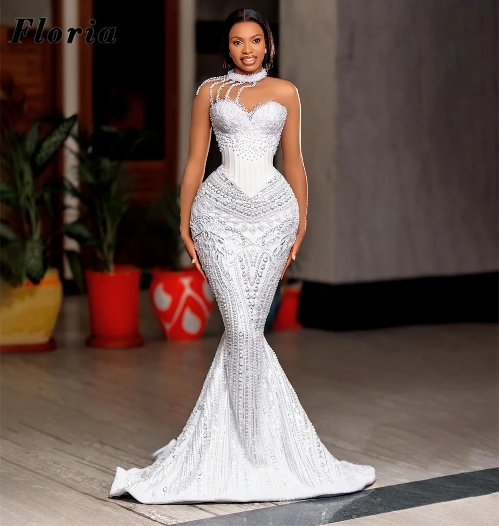 

Африканские белые вечерние платья русалки Aso Ebi с бисером и жемчугом, коктейльное платье для выпускного вечера, свадебные платья по индивидуальному заказу, халаты De Soiree