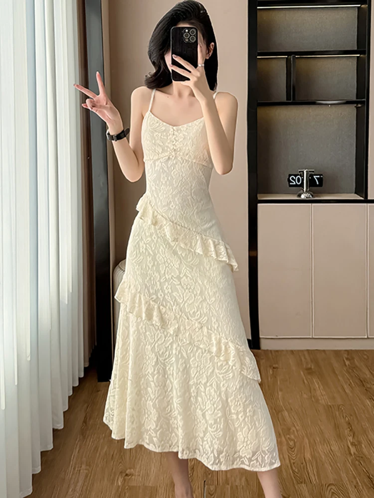 ผู้หญิงลูกไม้ Jacquard Chic Ruffled ชุดยาวฤดูร้อนสบายๆสลิงเซ็กซี่ชุด 2025 เกาหลีแฟชั่น Bodycon Party Dress