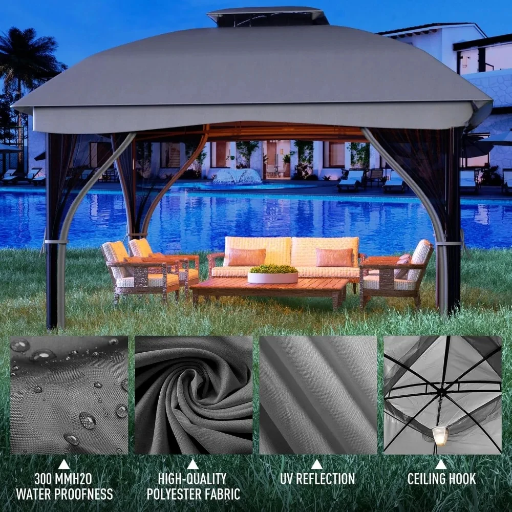 Gazebo 10' x 12' com mosquiteiro, teto duplo de ventilação estilo europeu, gazebo externo para pátio, jardim, gramado