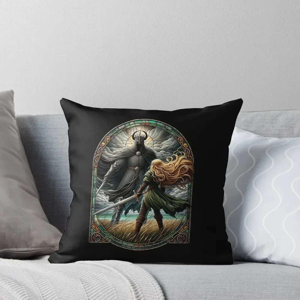 Epic Duel in Stained Glass - A Fierce Maiden and a Dark Wraith - Fantasy Throw Pillow Cushion Cover Luxury pillow