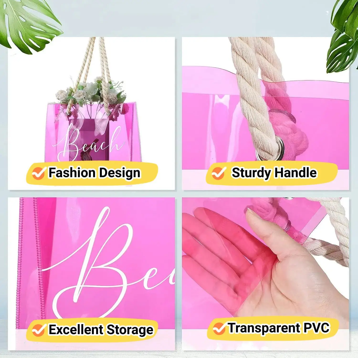 4 Pieces Pink transparent PVC beach tote, Swimming Shopping Party gift bag large capacity portable,  bag for vacation