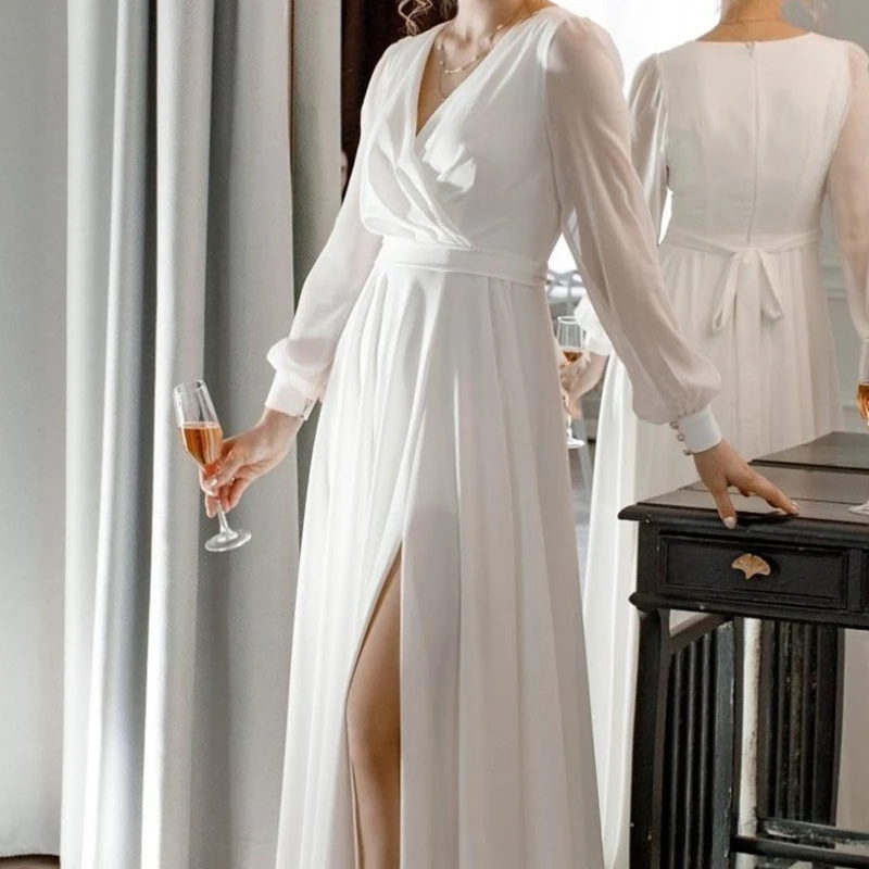 

Boho Wedding Dress Chiffon Split Floor length Long Sleeve V-Neck Charming With Sash bow Beach Rustic robe de soirée de mariage