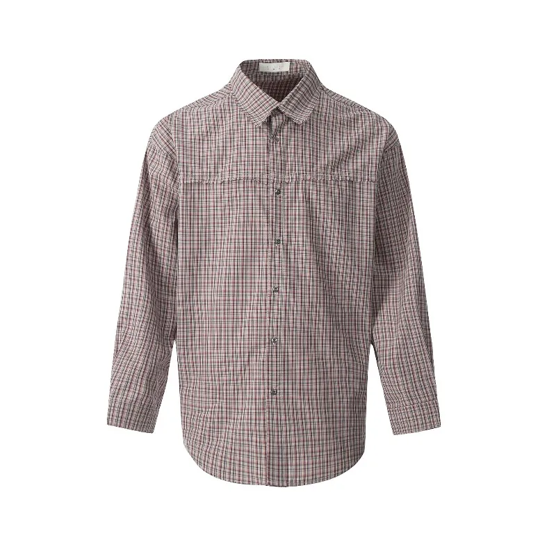 Men Women Vintage Beige Plaid Oversize Long Sleeve Shirt Raw Edge Seam Loose Blouse American Retro Daily Casual Shacket Jacket