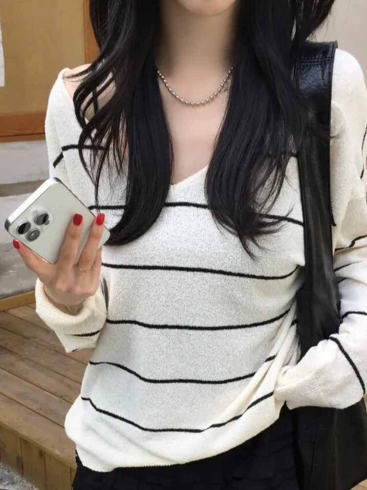 Tricot rayé ajouré pour femmes, Design coréen, haut fin et polyvalent, nœud papillon, Svel, coupe ample, été