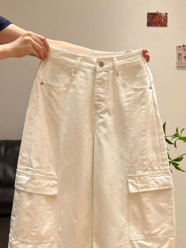 White Multi-Pocket Wide Leg Pants Women's Casual Style Korean Workwear Summer New Loose Slimming High Waist Commute Wind