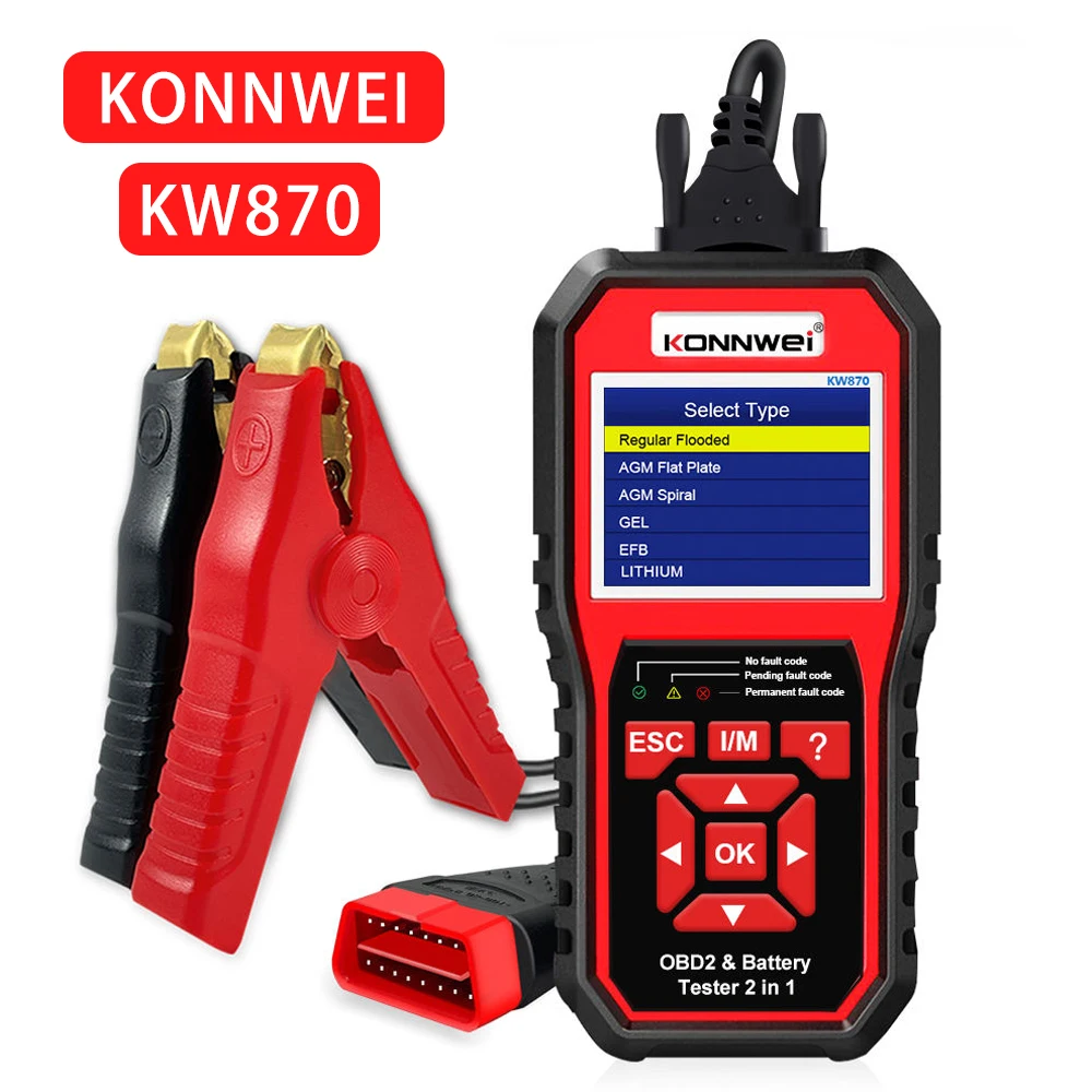 

2 в 1 KONNWEI KW870 6 В 12 В автомобильный мотоциклетный аккумуляторный тестер OBD2 диагностический инструмент сканер Cranking зарядка тестовые инструменты