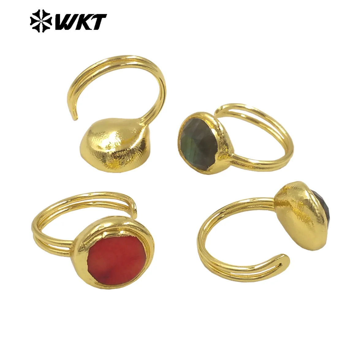 WT-R556 Beautiful Color Natural Red Coral And Labradorite Stone Round Shape Ring For Women Daily Commuter Jewelry