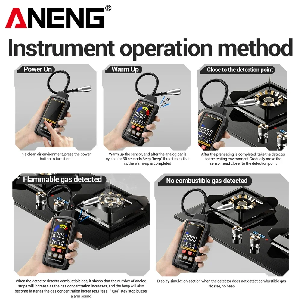 Gas Leak Detector Analyzer ANENG GN806 Methane Flammable 9999PPM 20% LEL Combustible Natural Tester LCD Screen Sound Light Alarm