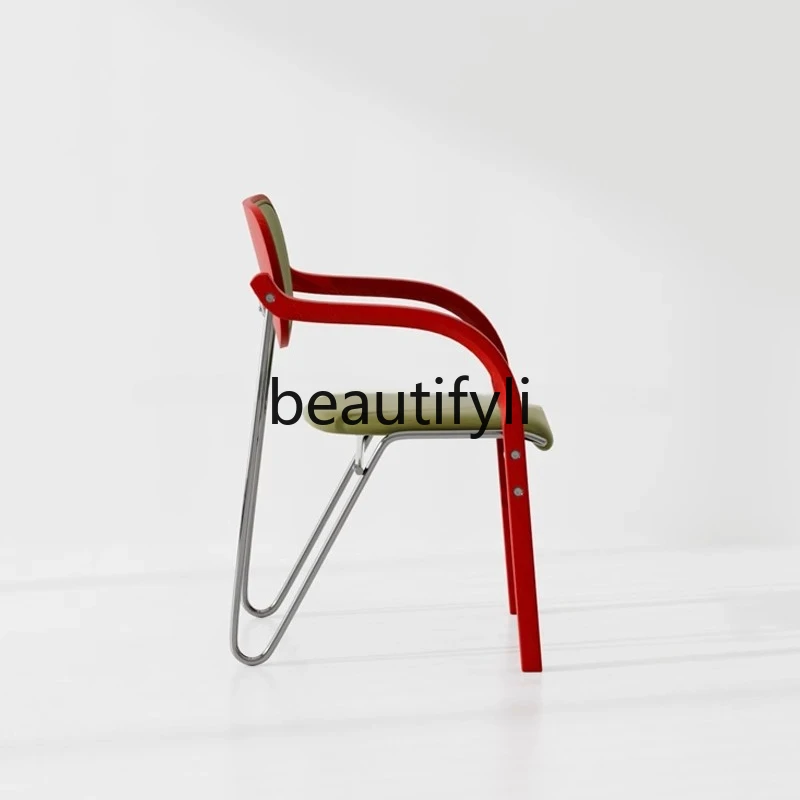 Vintage Style Stainless Steel and Solid Wood Dining Chair Simple Modern Light Luxury High-End Feel Leisure Backrest Chair