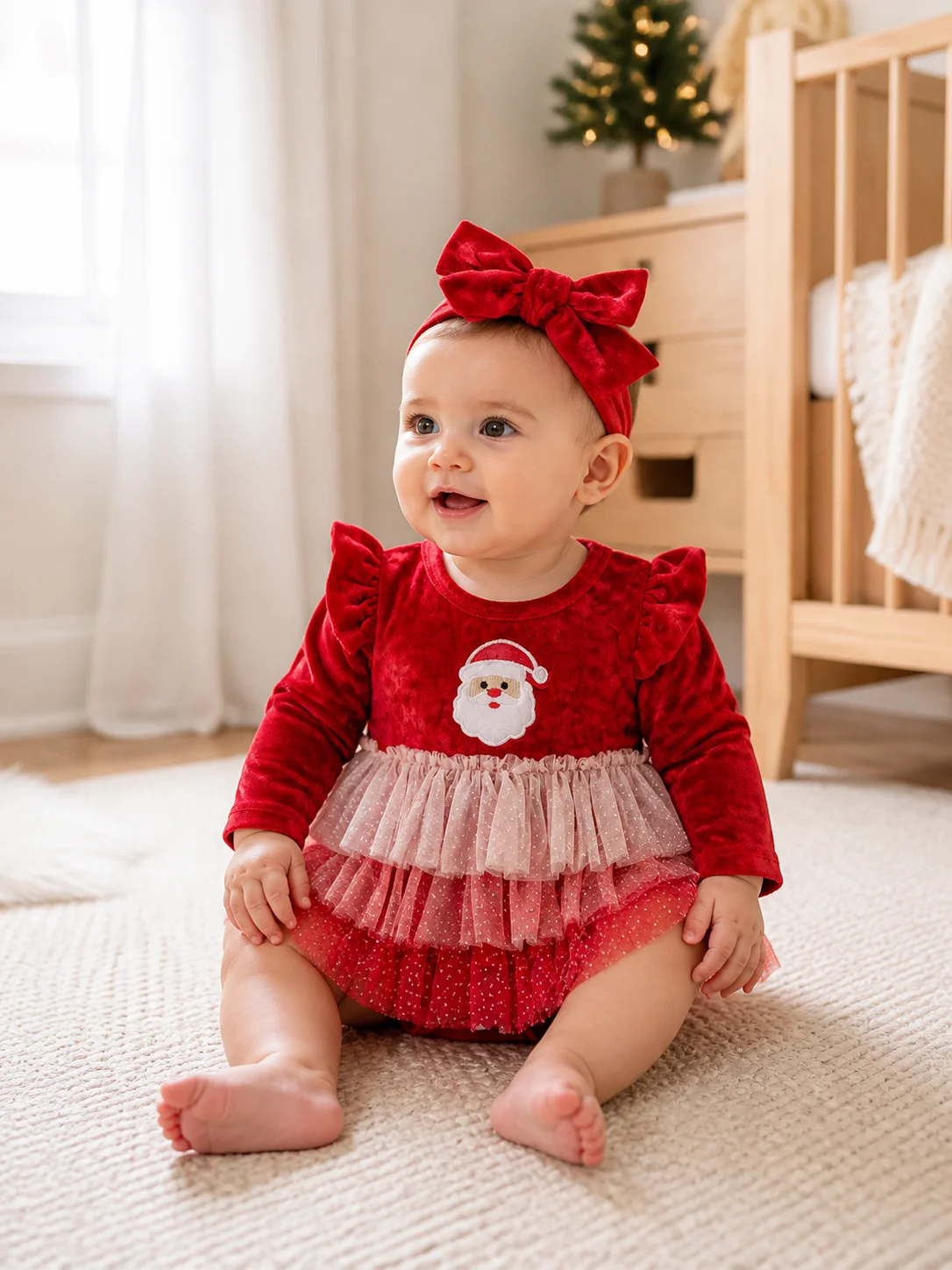 Red Velvet Baby Girl Christmas Tutu Dress Set Santa Applique Ruffle Sleeve Gradient Dot Tulle Skirt With Matching Velvet Bow