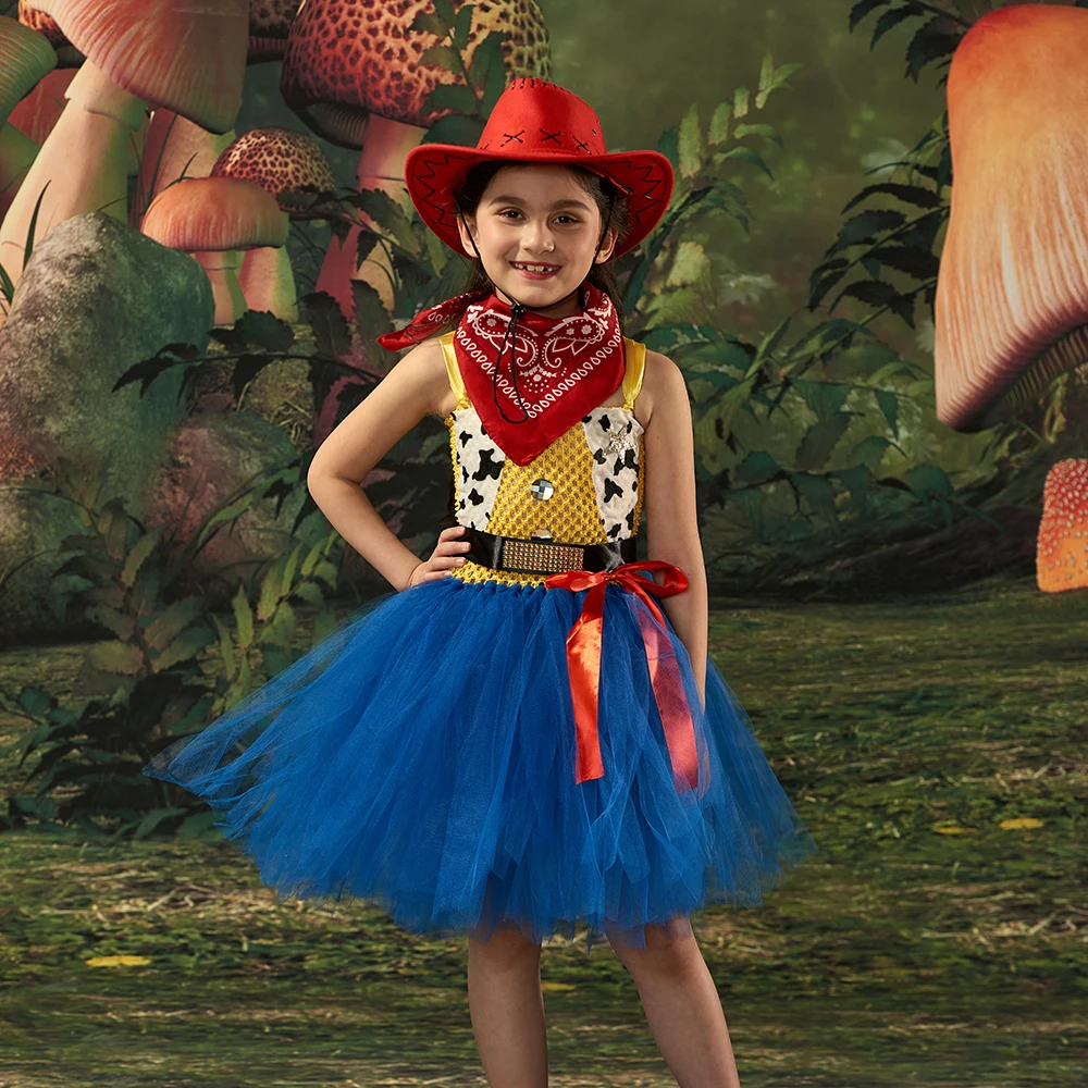 Cow Girl Tutu Dress with Hat Jessie Woody Inspired Kids Halloween Cosplay Costume Baby Carnival Holidays Party Fancy Clothing